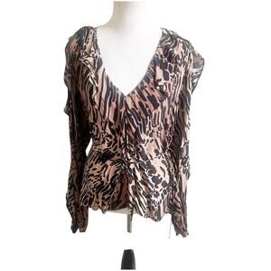 Good American Animal Print Ruffled Blouse Plus Size 2X Brown Black Siren Sexy